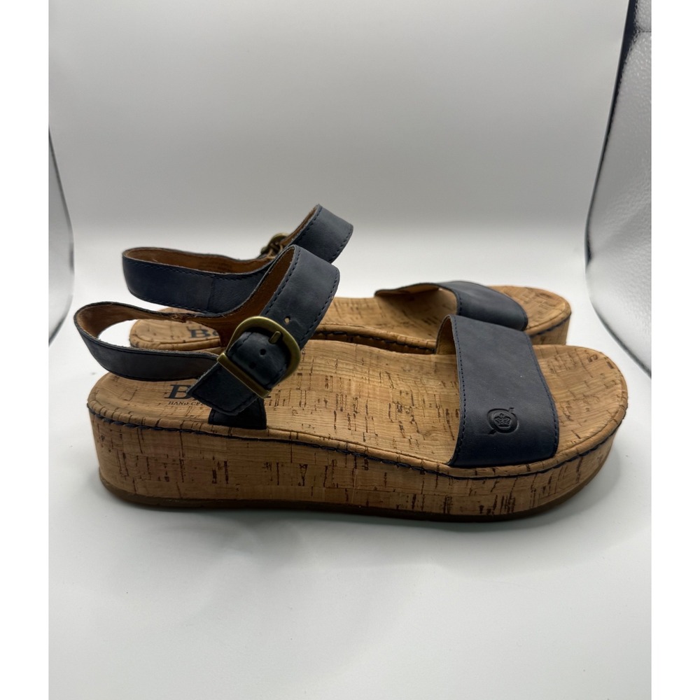 Born Platform Sandals Women 8 Navy Blue Excellent Leather Cork Wedge Buckle